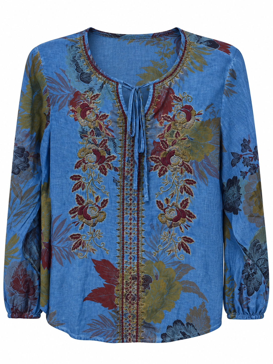 Trestles Clothing Company blue cotton boho blouse with floral embroidery and adjustable front tie closure.